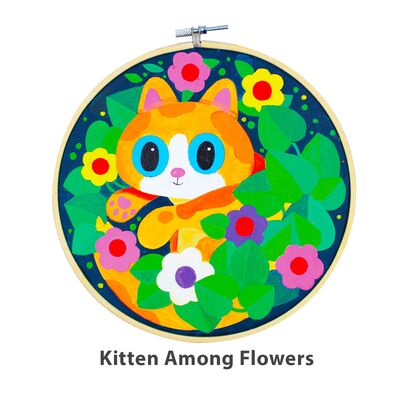 Canvas Painting In Hoop - Kitten Among Flowers