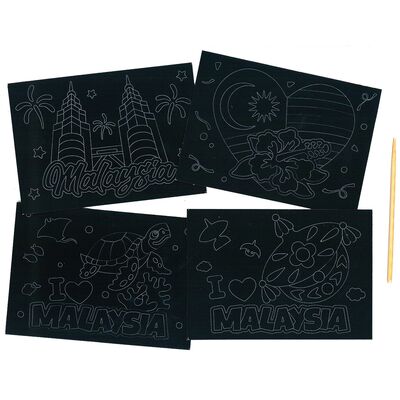Scratch Art Malaysia Kit - Malaysia Hibiscus, Sea Turtle, Petronas Twin Towers, Wau Traditional Kite - Contents