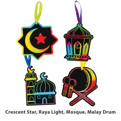 Scratch Art Suasana Raya Ornament Deco - Crescent Star, Raya light, Mosque, Malay drum