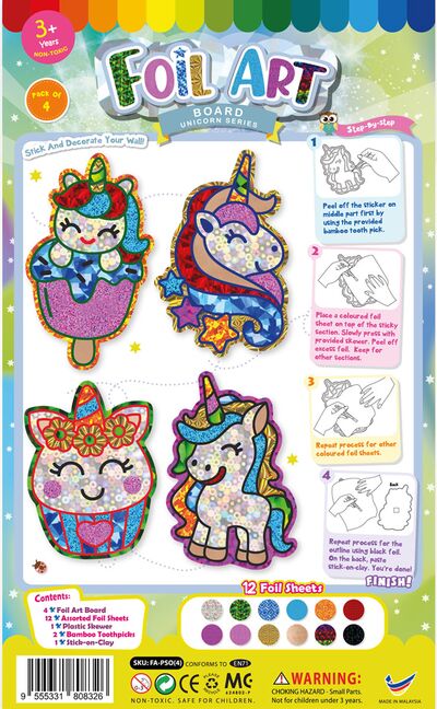 Foil Art 4-in-1 Unicorn Board Kit - Happy, Stars, Cupcake, Popsicle