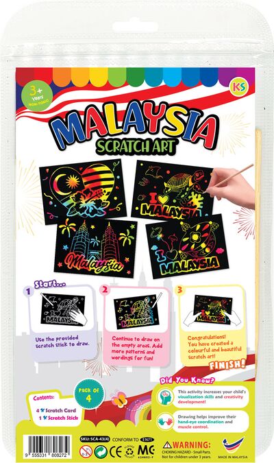 Scratch Art Malaysia Kit - Malaysia Hibiscus, Sea Turtle, Petronas Twin Towers, Wau Traditional Kite